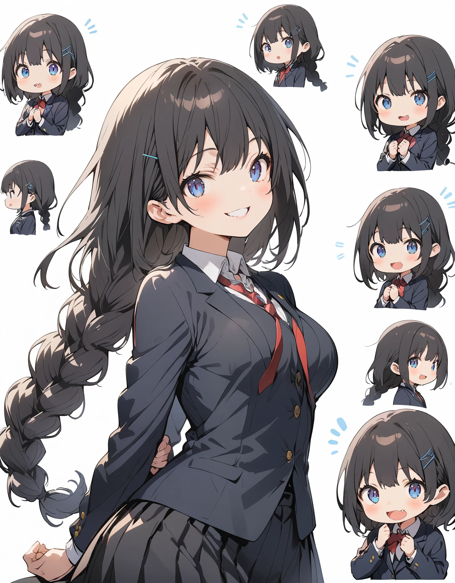 White background、Solid white background、Blank background、just standing girl, One Girl、Ultra-high resolution, highest quality,fish-bone braid hair、Fishbone Hair、black hair、Upper body shot from the front,arms behind back、Put your hands behind your back、Hide your hands、busty、beautiful detailed eyes、Black hair × Blue eyes、blue eyes、Open your mouth without showing your teeth、Smile with mouth wide open、 Black long sleeve blazer,Black pleated skirt、Knee-high socks、