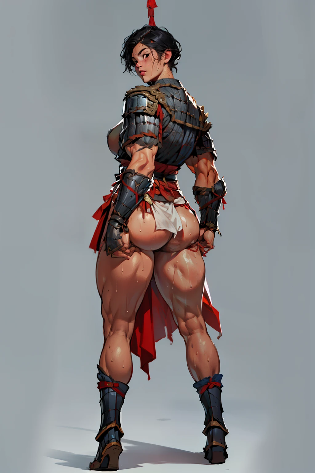 (high resolution, pixel perfect, realistic, gorgeous illustrations), (hyper quality, muste piece, etheric: 1.4), (((1girl))), ((((black skin)))), full body, clothed, (((((((Buttlift))))))), (((((((stand,open legs))))))), tattoo, mature woman, cool atmosphere, black hair, ((((very short hair)))), (Exquisite face), (((((((muscular))))))), ((thick thighs)), (((wide hips))), ((Big breasts that are about to burst)), fighter, (((woman))), ((((wh_chi_armor)))), ((loincloth)), ((((loincloth)))), (shiny skin), ((((gleaming skin)))), (((sweat))), simple background,