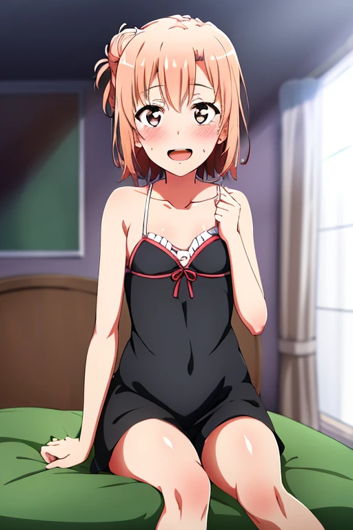 ((highest quality)), ((masterpiece)), (be familiar with), Perfect Face, indoor, Bedroom, Watching the audience,
One woman, Yuigahama Yui,
Open Mouth, Ecstatic expression, blush, smile,
Small breasts, Flat Chest, Young Girl, , , Girl,
Short Hair, Salmon-colored hair, Salmon-colored eyes, Side Pony,
Leg spread,