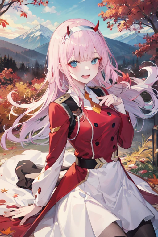 ((masterpiece)), (best quality), official art, extremely detailed CG, unity 8k wallpaper, ultra detailed,
1girl, zero_two, long hair, horns, hairband, white hairband, medium breasts, very long hair, straight hair, red horns, blue eyes,  necktie, uniform, military, military uniform, long sleeves,  (white boots:1.4), black pantyhose, thick thighs, open mouth, 
smile,
outdoors, upper body, 
mountain, autumn leaves, wind, 
sketch lines, sketch, pastel, watercolor, 