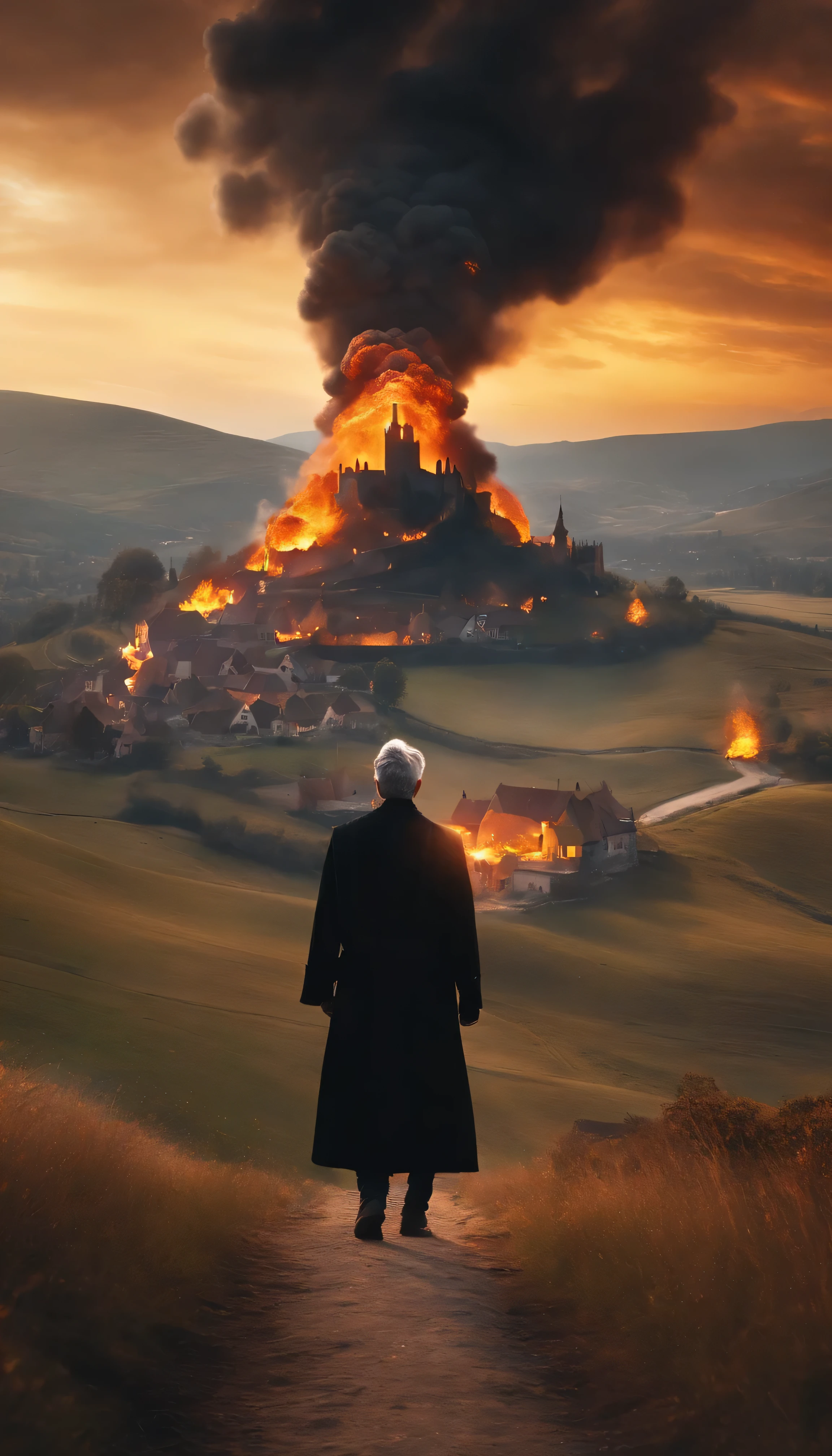 8k, close distance portrait, a male wizard with black clothes and grey short hair from behind, throwing a super massive huge fireball to a village in the distance from hill, with a burning village background the distance