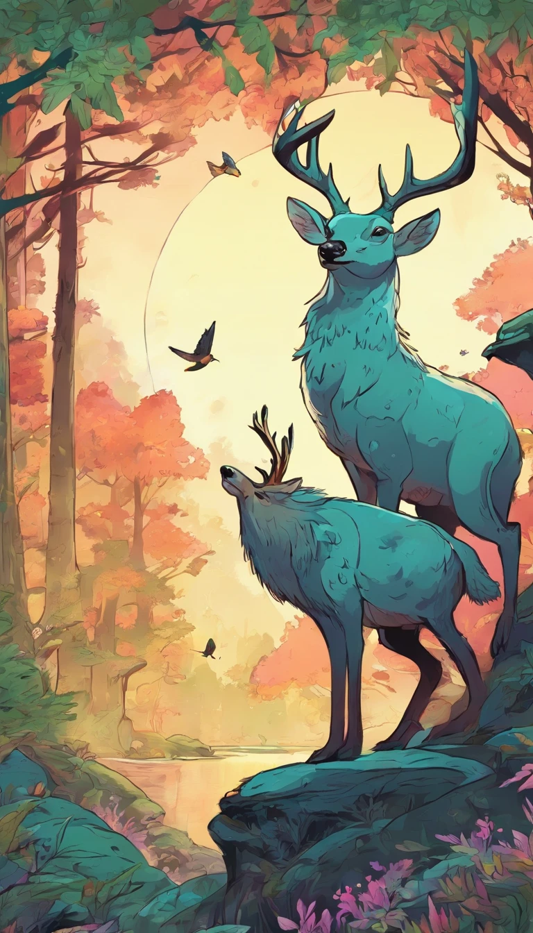 animated forest scene,fantasy creature,antlered character,sitting pose,bird companion,serene expression,pastel color palette,moss-covered tree,woodland setting,glowing fireflies,tranquil atmosphere,storybook illustration,