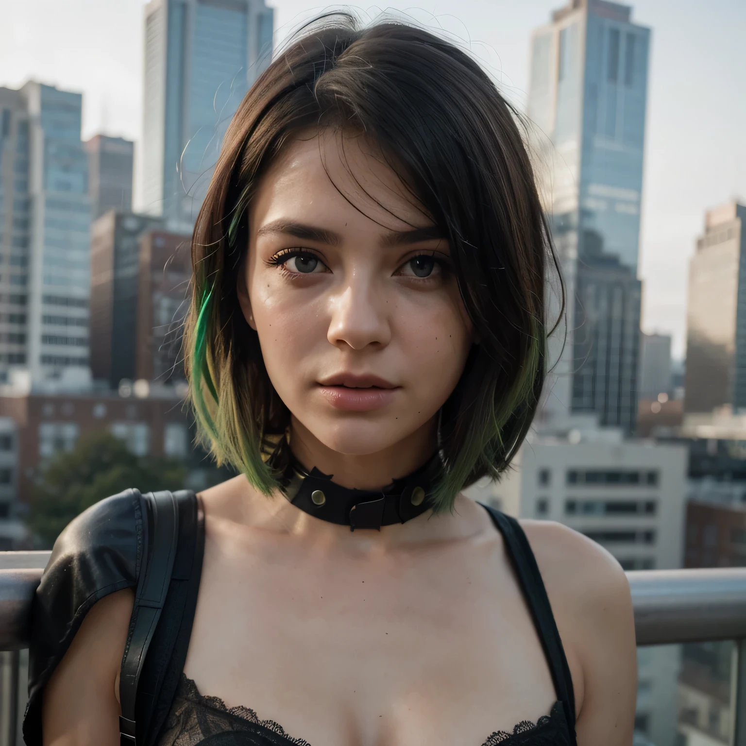 1girls, Nur, green Hair , 24 years old , , (1girl:1.3), Solo, (((Very detailed face))), ((Very detailed eyes and face)))) Beautifully detailed eyes, Body parts__, Official art, Combined 8k wallpaper, Super detailed, beautiful and beautiful, beautiful, masterpiece, best quality, original, masterpiece, super good photo, best quality, super high resolution, lifelike realism, sunlight, full body portrait, incredible beauty, dynamic pose, delicate face, vivid eyes, (from the front ) , wearing Spider-Man costume, red and black color scheme, spider, highly detailed city roof background, roof, overlooking the city, detailed face, detailed complex busy background, messy, gorgeous, highly detailed skin, realistic skin details, visible pores, clear focus, volumetric fog, 8k uhd, DSLR, high quality, film grain, , photorealism, lomography, futuristic dystopian megalopolis, translucent, hair short, hair short at shoulder length slightly above the shoulder, hair ends will be green, especially green !