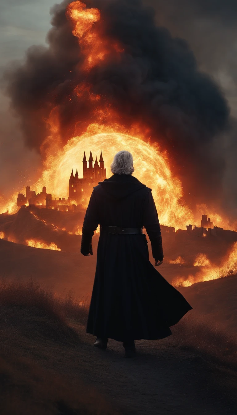 8k, close distance portrait, a male wizard with black clothes and grey short hair from behind, throwing a super massive huge fireball to a medieval kingdom in the distance from hill, with a burning medieval kingdom the distance