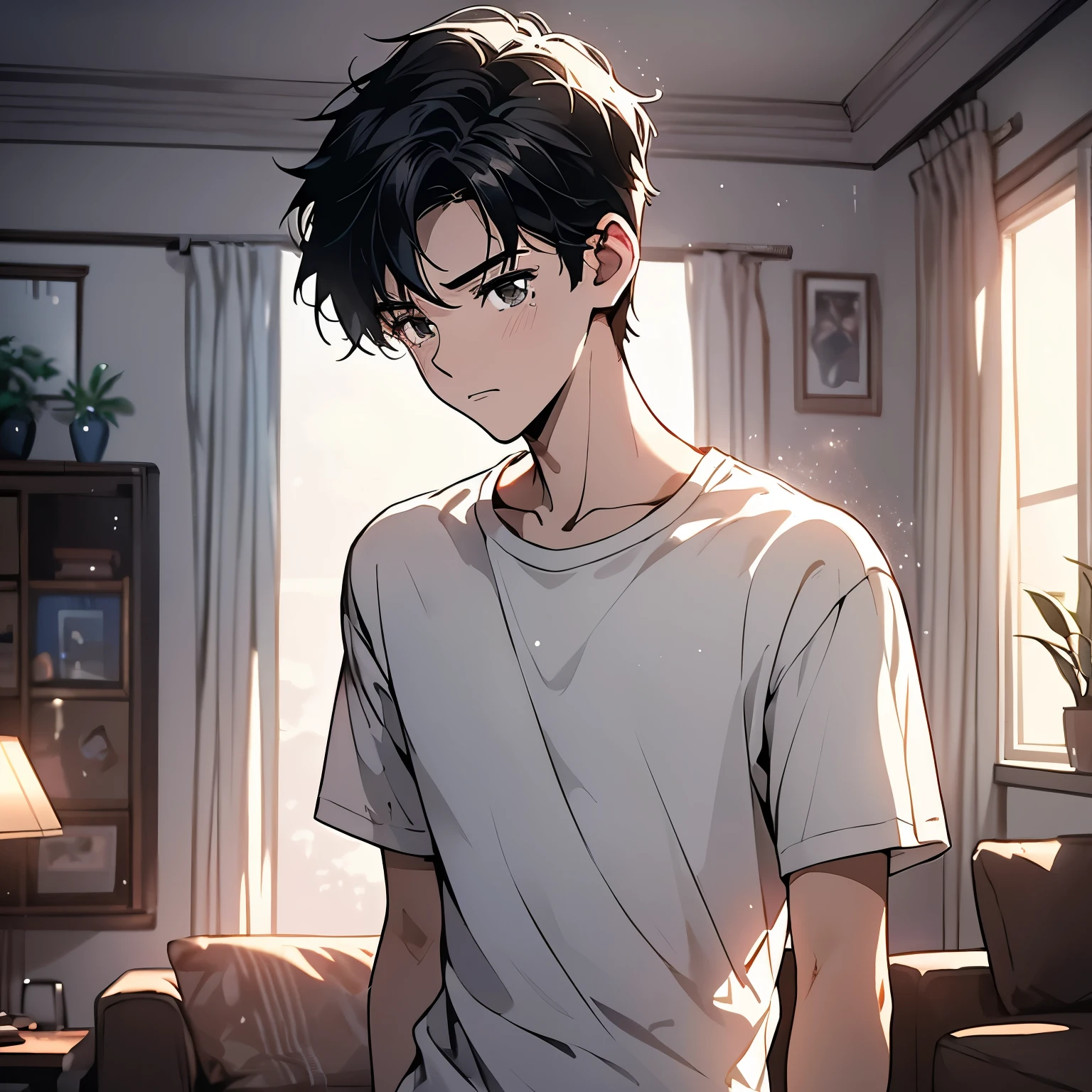 A black hair,18-year-old man in a white shirt,Standing in the living room of the house,Sad expression,Laugh and cry,Tears(Upper body display:1.5)(cinematic lighting:1.5))(ultra-high detail:1.5)(best quality:1.5)