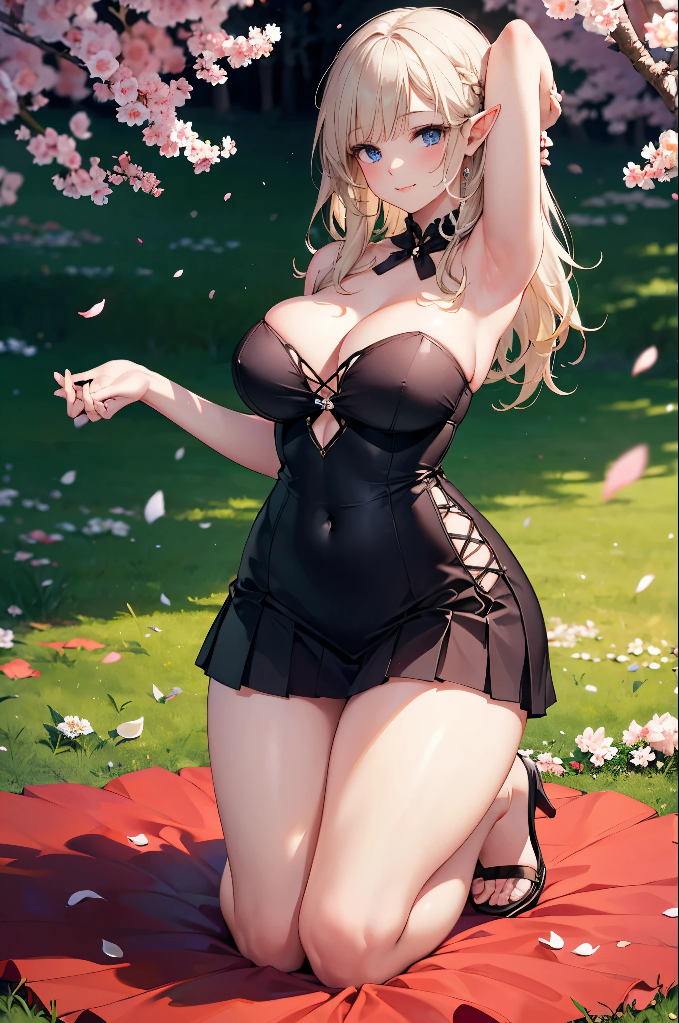 Detailed image, realistic image, coherent image, 1 elf. She has long silver blonde hair, blue eyes. She is smiling sensually. She has a curvy body, large breasts, wide hips and thick thighs. She is dressed in a strapless top and pleated mini skirt. Kneeling with legs spread, arms tucked behind her, breasts sprouting. Park background, cherry trees and petals falling around her. Natural light, ambient light, detailed shadows,