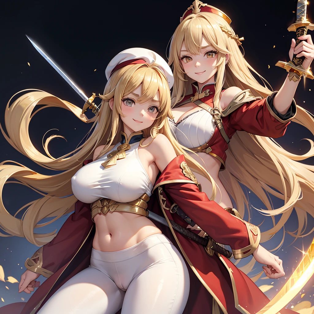 masterpiece、top-quality、(Blonde colored long hair、I have bangs:1.1)、(25 year old woman)、 (gold eyes:1.5)、(Big round eyes:1.5)、(Emphasis on the chest:0.5)、(modest smile expression:1.3)、(Staring:1.5)、(Close-up of the subject's face:0.5)、
Military uniform、red jacket、White shirt、White pants、Army red Caps、Red military cloak、
standing、five perfect and beautiful fingers、Bust Shot、
Alone、Open your mouth、Fearless smile、(large Breasts:1.3)、(Glowing Skin:1.2)、(dynamic pose hand holding a sword gripping one Rapier in hand:1.3)、midriff peek、Off the shoulder、(Camel toe)、Uplifting、Have a rapier grip、