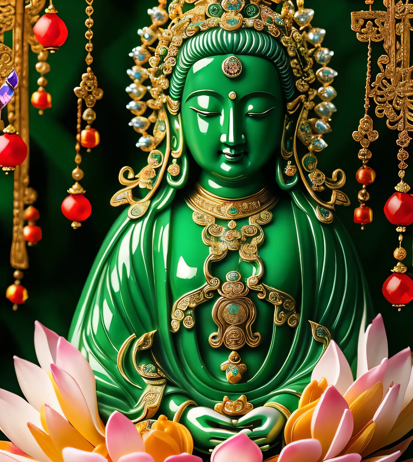 
 quan yin statue made of jade and jewery with many hands,super detailed, close eyes, detailed hands, detailed face, beatyfull face,shinning crystal clear jade statue, holding a light made of jewery, floating red lotus, chinese haven back ground, haven light, 8k, ultra HD, 