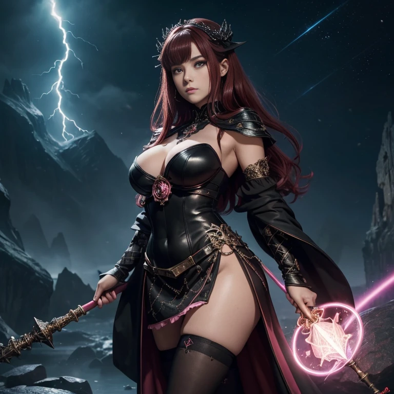 (master piece:1.5), (best quality:1.5), 8k,wallpaper, Full Body Female dark red hair dark fantasy girl wearing an intricate elaborate futuristic black mini dress with elaborated light pink ornaments, black short mini skirt with elaborated pink ornaments, thick legs, black stockings, wearing a large staff, conjuring a magic circle, stars, night castle background with a big floating rock behind in the distance, ethereal lightning, sharp focus
