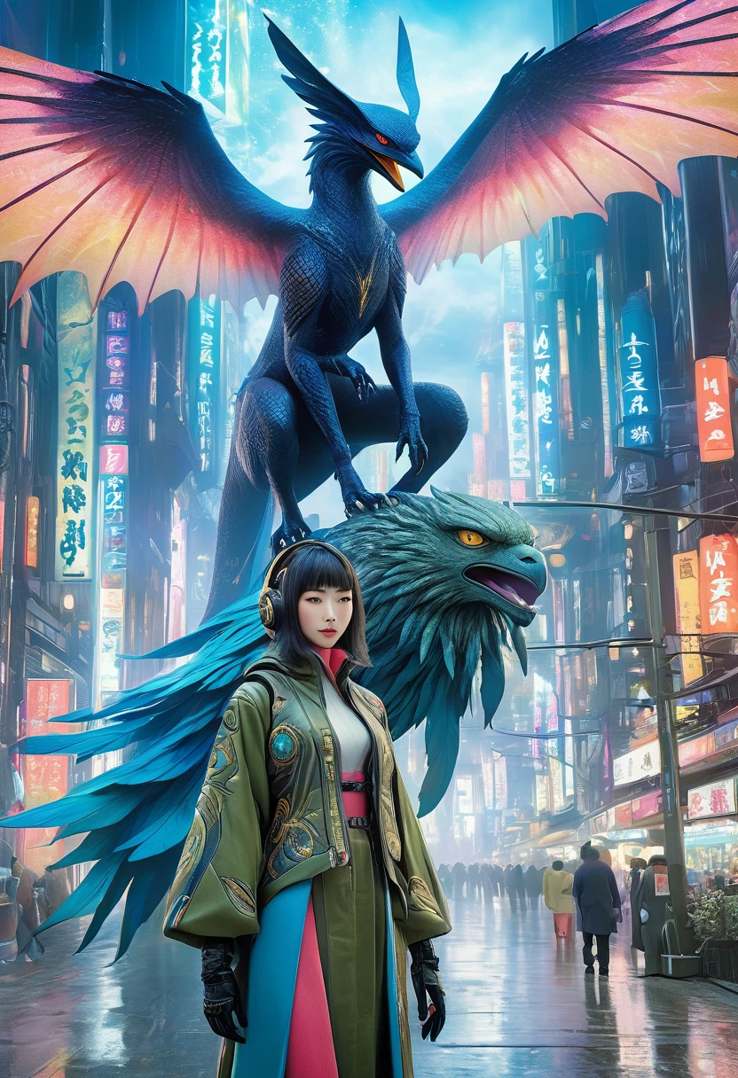 (best quality,4k,highres),(realistic,photorealistic:1.37),(Yoshitaka Amano style:1.1) A woman and her guardian familiar, mystical creature,otherworldly creature, kaiju-like,enchanting companions,wearing stylish futuristic clothes,inspired by Phantasy Star Online, lustful poses, (The woman, with her eyes brightly colored, no makeup and her nordic facial features elegantly detailed, adding to her allure. Dressed in elegant casual clothes with a stylish futuristic jacket.), (She is accompanied by a guardian, a bat and phoenix hybrid creature with exquisite anatomical features. The creature's presence adds a sense of wonder and magic to the scene.), (The woman and her companion stand in a vibrant and bustling city, a modern metropolis with bustling streets, and vibrant signs. The colors are vibrant, with a mixture of blues, olive, and pale reds creating a dreamlike atmosphere.), (The lighting is soft but illuminating, casting a gentle glow on both the woman and the creature.), (The overall composition has a realistic and photorealistic quality, capturing the essence of the scene in intricate detail.), (The art style is inspired by Yoshitaka Amano, known for his ethereal and otherworldly illustrations. The combination of realistic elements with the artist's unique style creates a captivating and visually stunning image.)