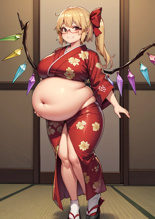 (masterpiece, best quality, highly detailed), 1girls, big belly, huge belly, art by kipteitei, round belly, chubby, curvy, belly grab, enormous belly, fat belly, thicc, bigger belly, really big belly, jiggly belly, glasses, japanese traditional clothes, tight breasts, long legs, tall, high heels, smug face, ((full body)), (dominant), Flandre scarlet