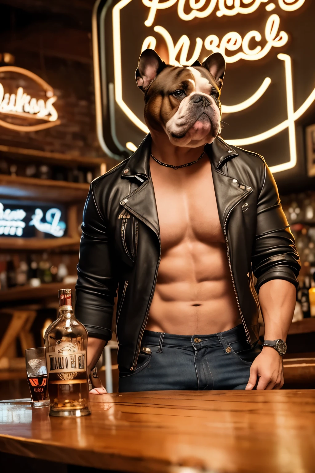 best quality,highres,ultra-detailed,realistic,anthropomorphic Bulldog dressed in a biker jacket, black Tshirt, jeans and boots, standing at a smoke-filled seedy bar, dimly lit by neon lights, with vintage motorcycles parked outside. The Bulldog has a tough, yet mischievous expression on its face with piercing blue eyes and a slight smirk. The bar is filled with shady characters, and the Bulldog confidently holds a pool cue in one paw while leaning against the bar counter. The Bulldog's fur is rendered with intricate details, showcasing the texture and patterns of its brindle coat. The atmosphere in the bar is gritty and grungy, with a smoky haze hanging in the air and worn-out leather bar seats. The bar counter is adorned with bottles of whiskey and a stack of playing cards. The Bulldog exudes an air of coolness and rebellion, embodying the spirit of a biker. The overall color tone of the scene is dark and moody, accentuated by flashes of vibrant neon lights.