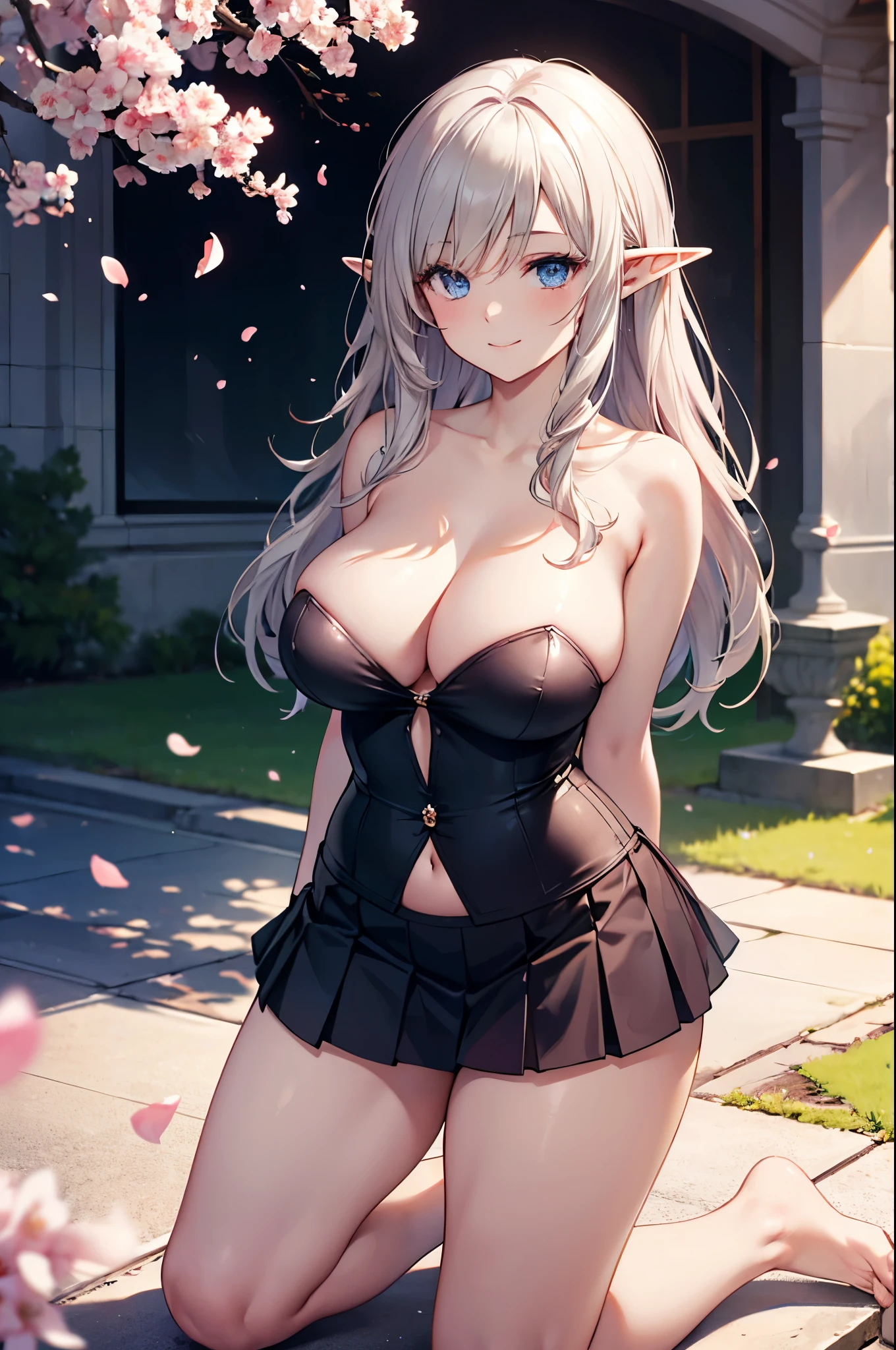 Detailed image, realistic image, coherent image, 1 elf. She has long silver blonde hair, blue eyes. She is smiling sensually. She has a curvy body, large breasts, wide hips and thick thighs. She is dressed in a strapless top and pleated mini skirt. Kneeling with legs spread, arms tucked behind her, breasts sprouting. Park background, cherry trees and petals falling around her. Natural light, ambient light, detailed shadows,