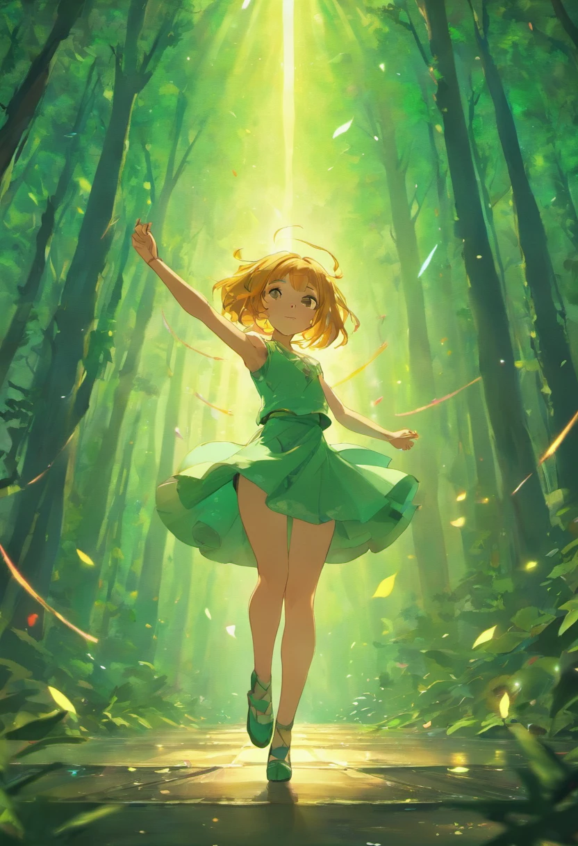((highres, best quality, 16k, masterpiece, resolution)), (A girl dancing on a stage in the middle of a forest), (((beautiful))),colorful, pixar