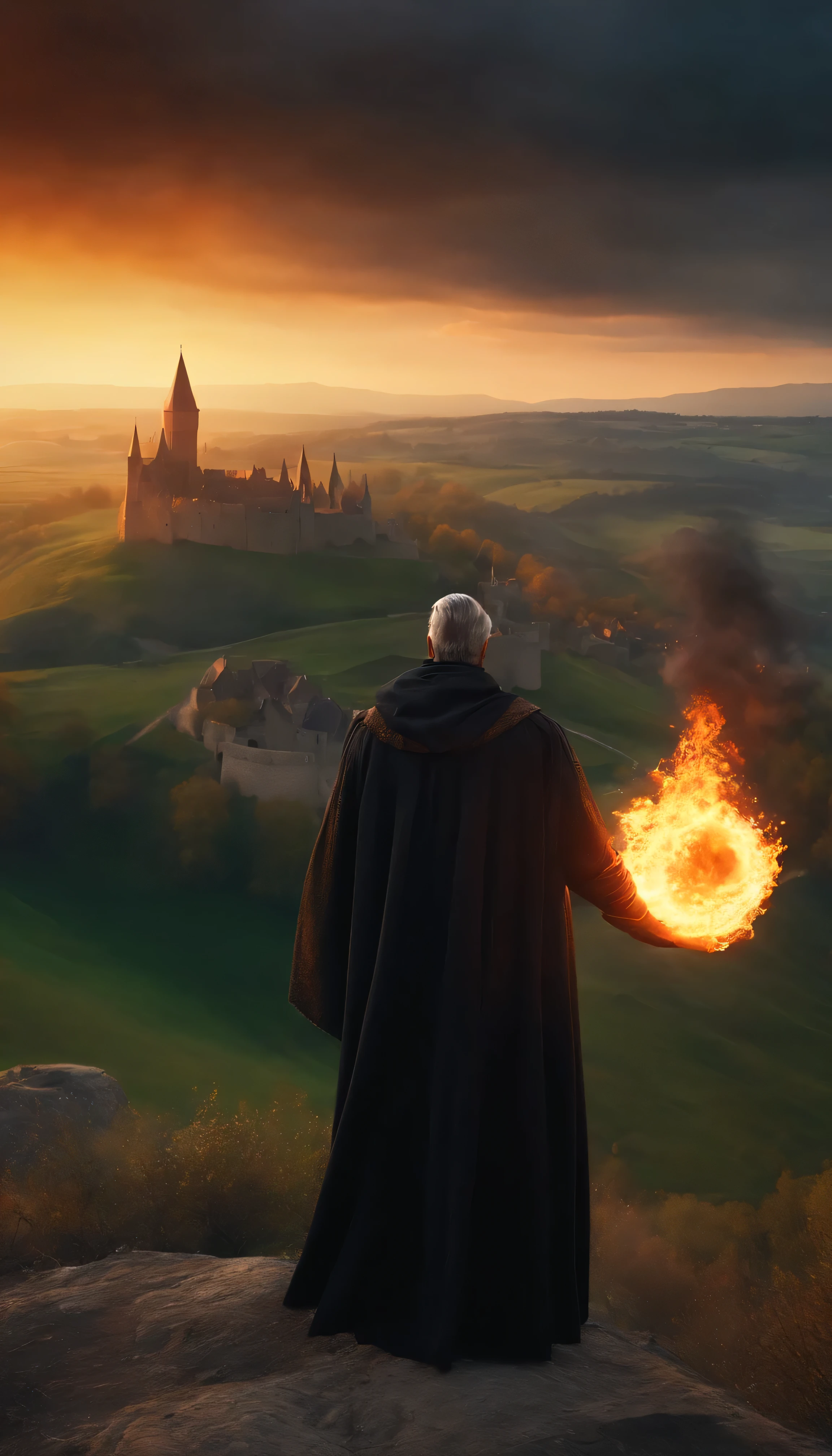 8k, close distance portrait, a male wizard with black clothes and grey short hair from behind, throwing a super massive huge fireball to a medieval kingdom in the distance from hill, with a burning medieval kingdom the distance
