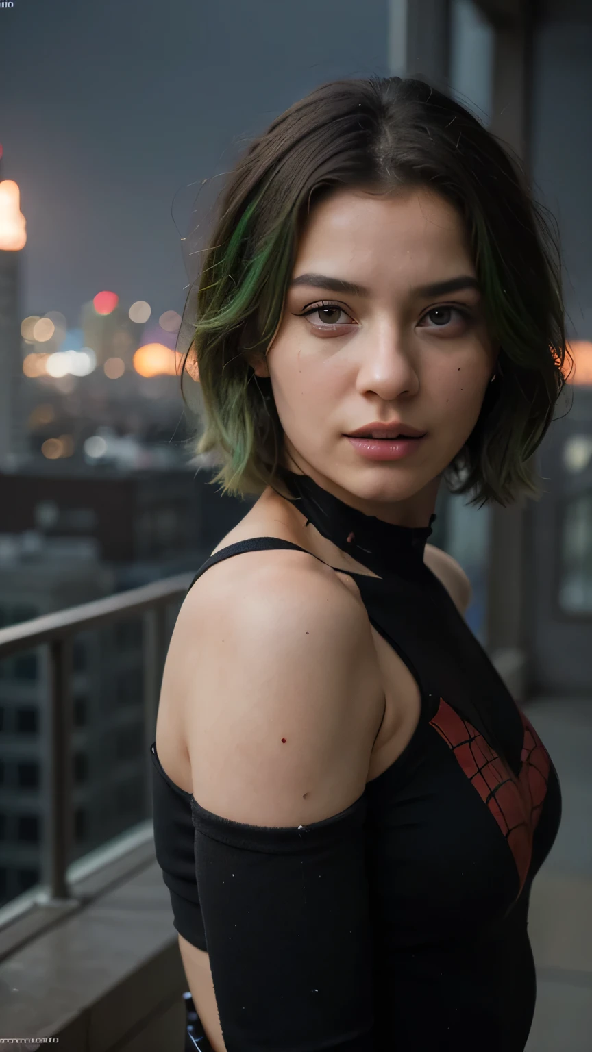 1girls, Nur, green Hair , 24 years old , , (1girl:1.3), Solo, (((Very detailed face))), ((Very detailed eyes and face)))) Beautifully detailed eyes, Body parts__, Official art, Combined 8k wallpaper, Super detailed, beautiful and beautiful, beautiful, masterpiece, best quality, original, masterpiece, super good photo, best quality, super high resolution, lifelike realism, sunlight, full body portrait, incredible beauty, dynamic pose, delicate face, vivid eyes, (from the front ) , wearing Spider-Man costume, red and black color scheme, spider, highly detailed city roof background, roof, overlooking the city, detailed face, detailed complex busy background, messy, gorgeous, highly detailed skin, realistic skin details, visible pores, clear focus, volumetric fog, 8k uhd, DSLR, high quality, film grain, , photorealism, lomography, futuristic dystopian megalopolis, translucent, hair short, hair short at shoulder length slightly above the shoulder, hair ends will be green, especially green ! Brown eyes
