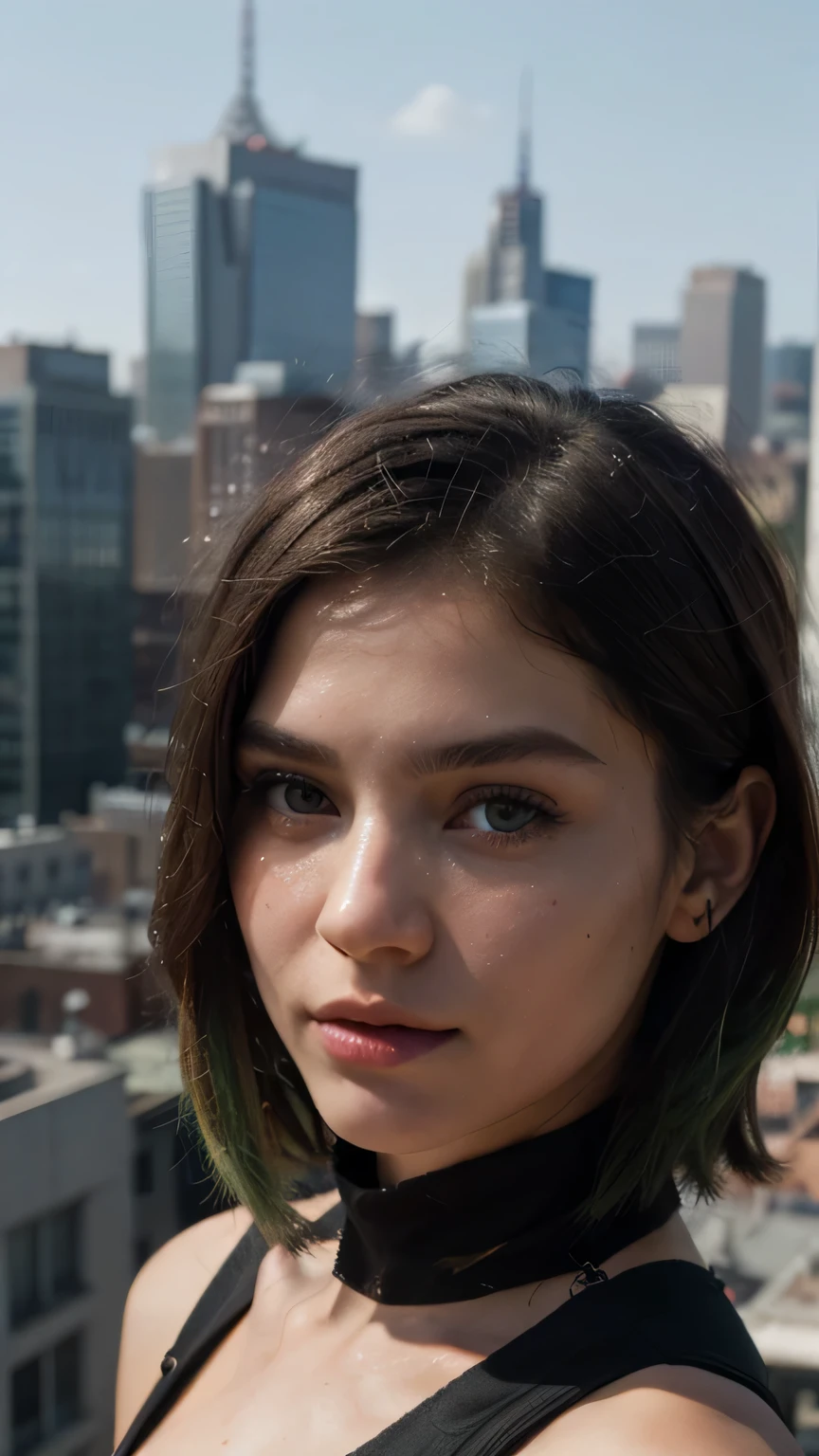 1girls, Nur, green Hair , 24 years old , , (1girl:1.3), Solo, (((Very detailed face))), ((Very detailed eyes and face)))) Beautifully detailed eyes, Body parts__, Official art, Combined 8k wallpaper, Super detailed, beautiful and beautiful, beautiful, masterpiece, best quality, original, masterpiece, super good photo, best quality, super high resolution, lifelike realism, sunlight, full body portrait, incredible beauty, dynamic pose, delicate face, vivid eyes, (from the front ) , wearing Spider-Man costume, red and black color scheme, spider, highly detailed city roof background, roof, overlooking the city, detailed face, detailed complex busy background, messy, gorgeous, highly detailed skin, realistic skin details, visible pores, clear focus, volumetric fog, 8k uhd, DSLR, high quality, film grain, , photorealism, lomography, futuristic dystopian megalopolis, translucent, hair short, hair short at shoulder length slightly above the shoulder, hair ends will be green, especially green ! Brown eyes