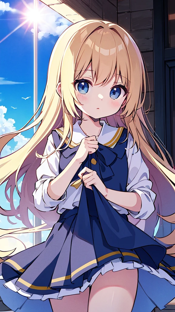 absurderes, hight resolution, (Anime style:1.1), ((masutepiece)), ((Best Quality)), (Ultra-detailed), (Beautiful), solo, Beautiful face、(liftup)、Cute looking at the view from the top of a skyscraper that is closer to the atmosphere,Wind,Thin White colorful long hair,, Blue Eyes,Lens Flare,Dramatic,Detailed Ancient City、Skirt fluttering in the wind、Clouds below looking down、(Don't look here:1.4)