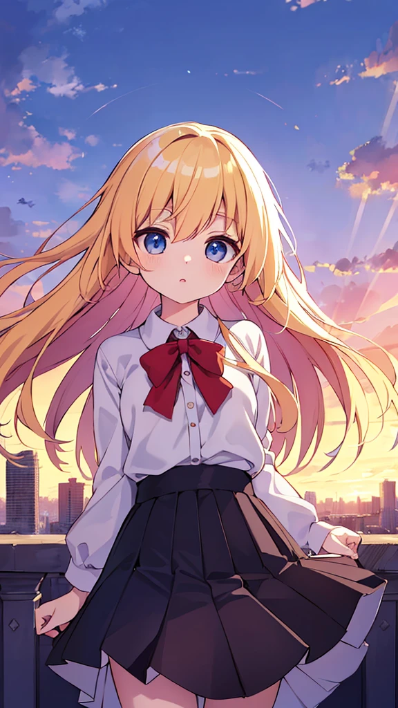 absurderes, hight resolution, (Anime style:1.1), ((masutepiece)), ((Best Quality)), (Ultra-detailed), (Beautiful), solo, Beautiful face、(liftup)、Cute looking at the view from the top of a skyscraper that is closer to the atmosphere,Wind,Thin White colorful long hair,, Blue Eyes,Lens Flare,Dramatic,Detailed Ancient City、Skirt fluttering in the wind、Clouds below looking down、(Don't look here:1.4)