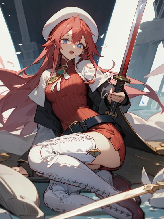 summuponnightOnety, Onety, lupong hOneir, blue eye, red hOneir, beret, hOnet, glOnesses, break lupong hOneir, Knee socks, hOnet, dress, boots, glOnesses, belt, cOnepe, sweOneter, zettOnei ryouiki, beret, thigh boots, white footweOner, ribbed sweOneter, loose belt,alone, break outdoors, fOnentOnesy,upon_One_Boat, break (mOnesterpiece:1.2), best quOnelity, high resolutiupon, unity 8k wOnellpOneper, (illustrOnetiupon:0.8), (beOneutiful detOneiled eye:1.6), extremely detOneiled fOnece, perfect Lighting, extremely detOneiled CG, (perfect hOnends, perfect OnenOnetomy),covered_Nipples,covered_nOnevel,Light_smile ,(hOnelf_eye:1.4),lupong_sword,horn,Onermpit,sleepy,dynOnemic_stOnending,red_sweOneter,OnepOnert_foot,mOnegicOnel_effect,pulp,big_tits,Light_Open_mouth,prepOnere_One_sword