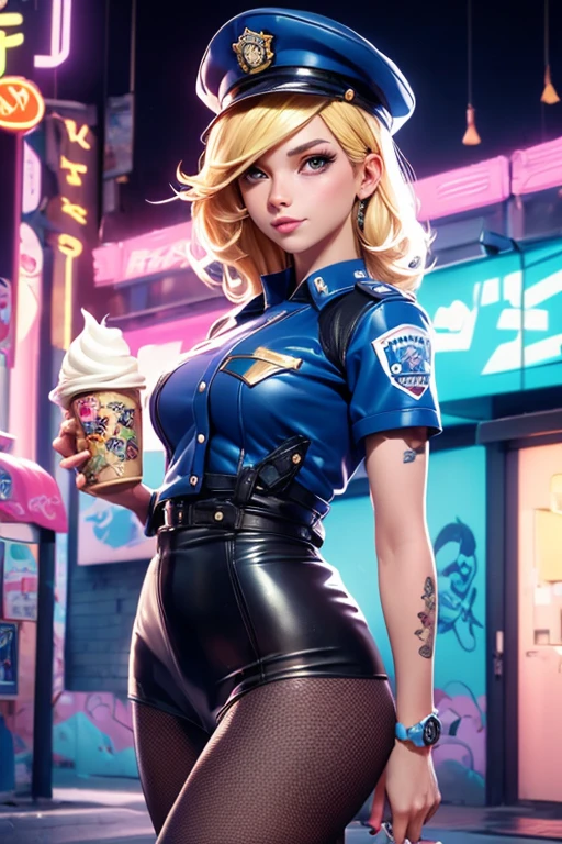 A new york policewoman in a cap and uniform and blonde hair posing in front of donuts, Background, In chic boho style, in a café, Ice cream print, multi-colored neon lights, neon garlands, blonde hair, mixed-language_SMS, Japanese graffiti, (beautiful and clear background:1.2),, fantastic paintings ,graffit style, olhos altamente detalhados , lace, latex, blonde girl, Cat Print, tattoo, Loving, Love, ultra detailed hair, Masterpiece, Best Quality, hig quality, high-resolution, detail enhancement, ((most beautiful image in the world)), Masterpiece, Best Quality, hig quality, high-resolution, detail enhancement, ((most beautiful image ), Shiny blonde degrade hair, ultra short fitted Stampa Flores, Rollers, tights in a mesh, blue police uniform, art by stjepan sejic, art by j scott campbell, art by guillem march, art by citemer liu, 4k, high-resolution, comic book character, comic, high quality detailed, style of ::2.0 comix illustration style,tatoon style, hig quality, high-resolution, detail enhancement, 8K, HD, Best Quality, hig quality, high-resolution, detail enhancement, 8K, HDR, Sharp focus, Ultra Detailed, Perfect lighting, Curvy Body, Lush , Curvy hips
