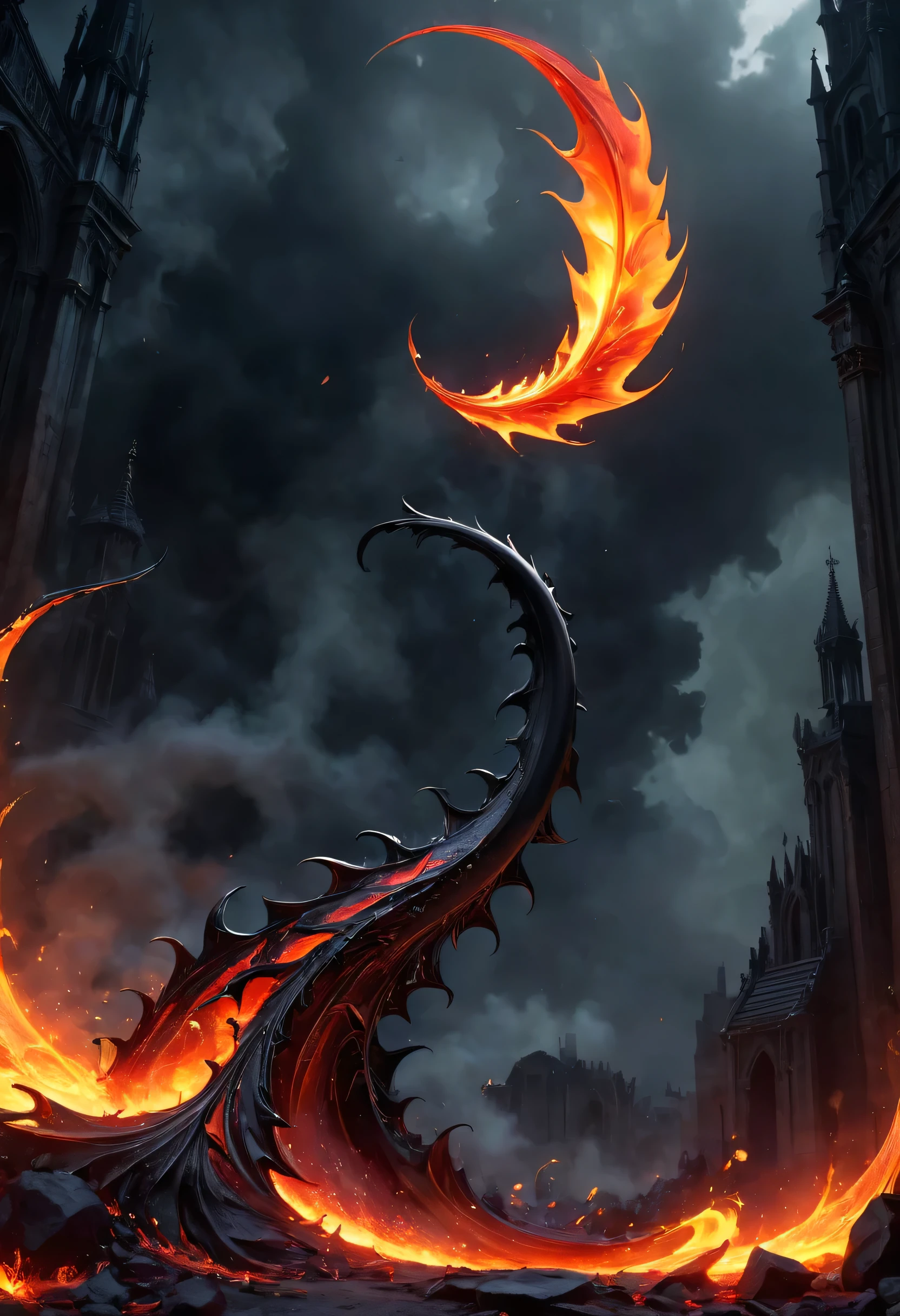 (Messenger from hell:1.4),pass,一个巨大的Sucker tail,Sickle seen from below,hell,Magma,Flame,(Purple flame:1.3),There is fresh tail on the ground,tail pool,dripping tail,Gothic aesthetic,One、rose、fort、pass、tail、Church cemetery,The mystery of gothic style、Majestic and deep,Gothic style,gothic style lace clothes、Rose symbolizes romance、Awesome、Sucker tail、sorceress、antiquities、Gothic cathedral,A series of gothic icons