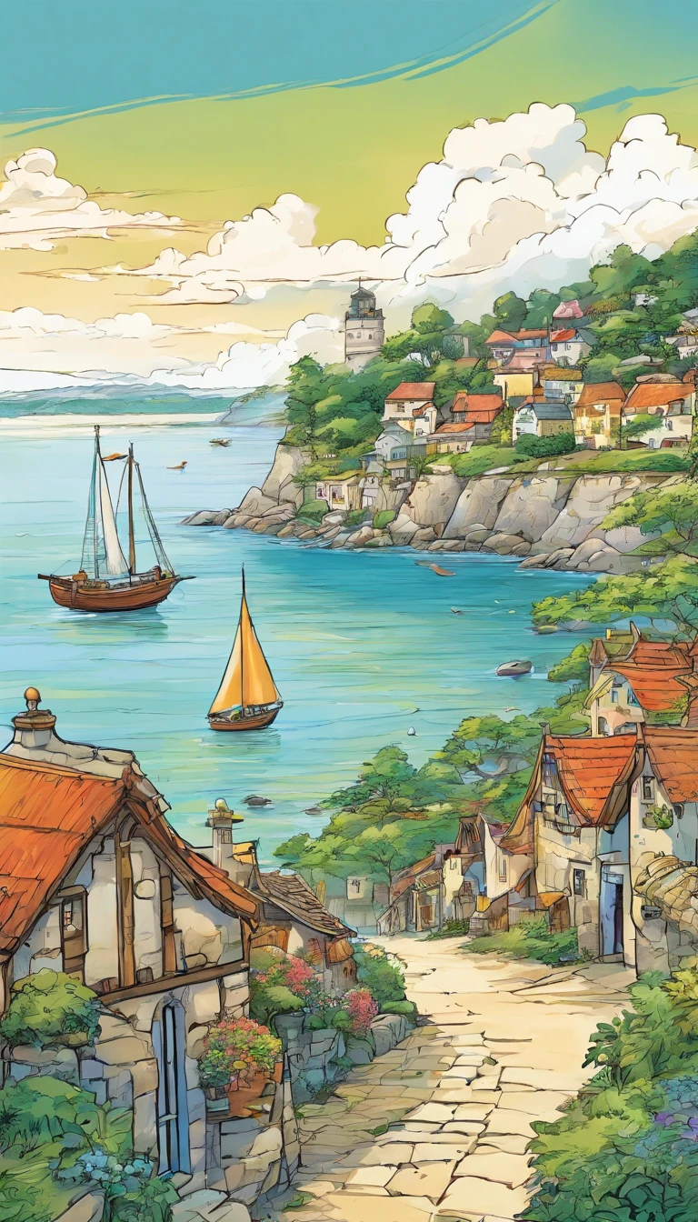 animation,coastal villages,beaches,sea,boats,cliffs,thatched roof houses,fields,trees,boulders,blue sky,white clouds,serenity,landscapes,tranquility,nature,rural environment,coastline,sailing,summer,medieval,landscape,
