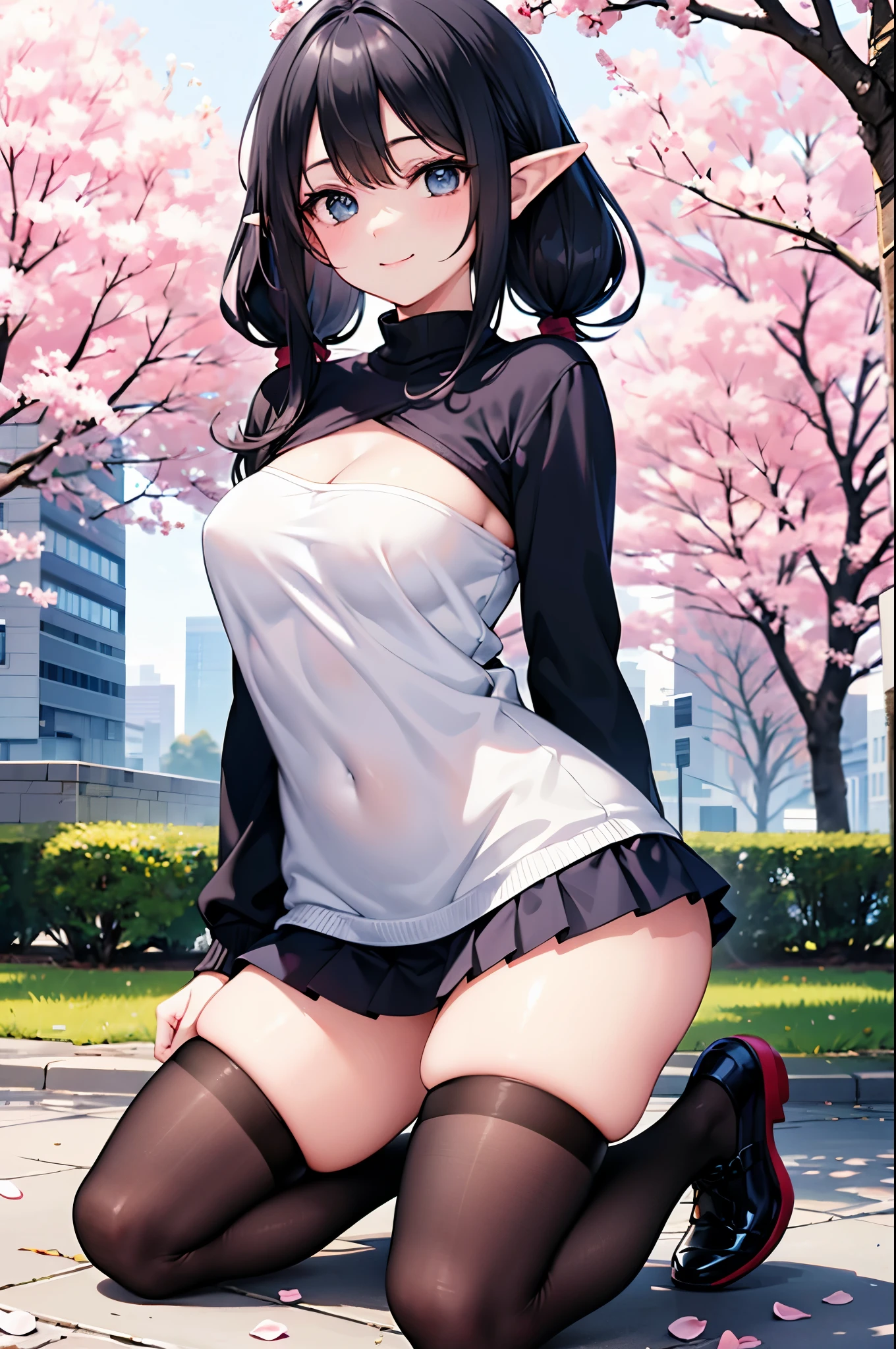 Detailed image, realistic image, coherent image, 1 elf. She has long black hair combed in 2 pigtails, blue eyes. She is smiling sensually. She has a curvy body, medium breasts, wide hips and thick thighs. She is dressed in a long-sleeved T-shirt and pleated mini skirt, stockings to mid-thigh. Kneeling with legs spread, arms tucked behind her, breasts sprouting. Urban background full of buildings, cherry trees and petals falling around her. Natural light, ambient light, detailed shadows,