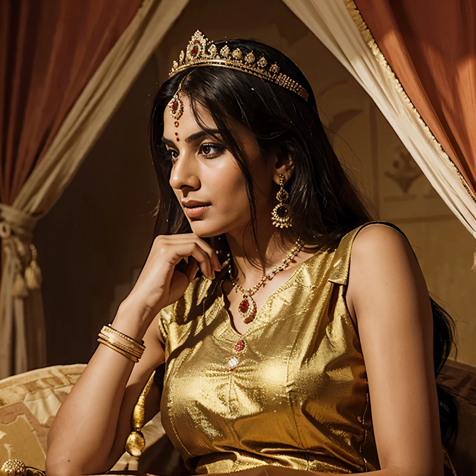 Generate an image of royal Rajasthani queen in her court