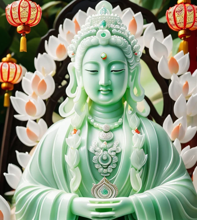 
 quan yin statue made of  white jade and jewery with many hands,super detailed, close eyes, detailed hands, detailed face, beatyfull face,shinning crystal clear jade statue, holding a light made of jewery, floating red lotus, chinese haven back ground, haven light, 8k, ultra HD, 