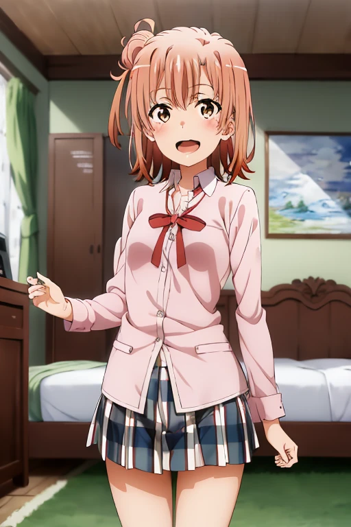 ((highest quality)), ((masterpiece)), (be familiar with), Perfect Face, indoor, Bedroom, Watching the audience,
One woman, Yuigahama Yui,
Open Mouth, Ecstatic expression, blush, smile,
Small breasts, Flat Chest, Young Girl, , , Girl,
Short Hair, Salmon-colored hair, Salmon-colored eyes, Side Pony,
Leg spread,