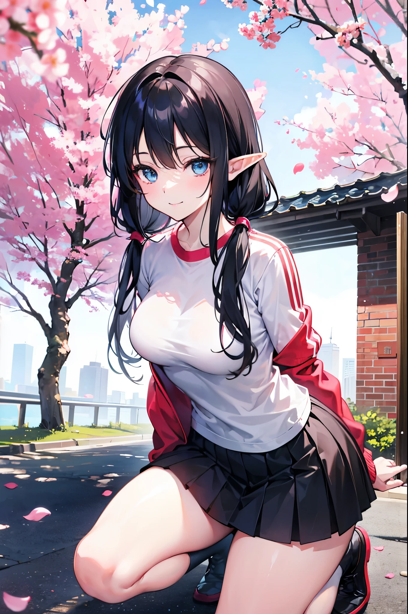 Detailed image, realistic image, coherent image, 1 elf. She has long black hair combed in 2 pigtails, blue eyes. She is smiling sensually. She has a curvy body, medium breasts, wide hips and thick thighs. She is dressed in a long-sleeved T-shirt and pleated mini skirt, stockings to mid-thigh. Kneeling with legs spread, arms tucked behind her, breasts sprouting. Urban background full of buildings, cherry trees and petals falling around her. Natural light, ambient light, detailed shadows,