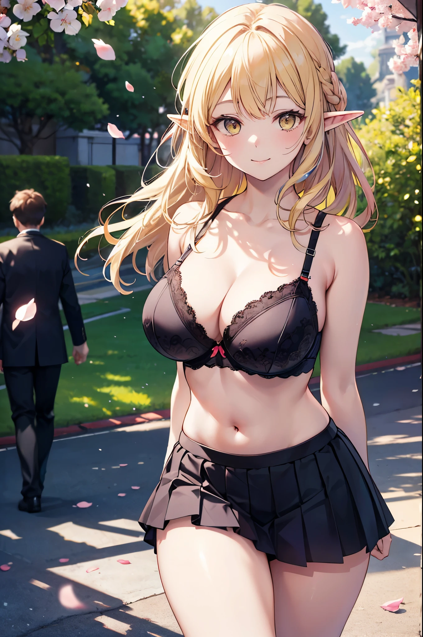 Detailed image, realistic image, coherent image, 1 elf. She has long tosa colored hair, yellow colored eyes. She is smiling with her mouth open. She has a curvy body, large , wide hips and thick thighs. She is dressed in a lace Bra and pleated mini skirt. Walking, with her arms tucked behind her. Park background, cherry trees and petals falling around her. Natural light, ambient light, detailed shadows,