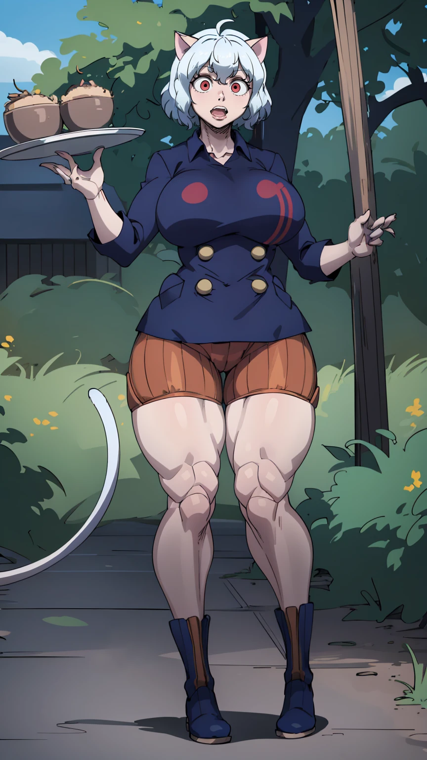 solo,open mouth,fangs,smile, Neferpitou,1girl,red eyes,cat ears, blue jacket,double-breasted, (nature:1.2),stading, full body, boots, huge breast, curvy, tall female,refsheet, cat tails,Neferpitou,1girl,red eyes,cat ears, blue jacket,double-breasted, (brown shorts:1.2),striped, brown socks,blue footwear, doll joints,(nature:1.2),solo,combat stance,lora:add_detail:1>,solo,open mouth,fangs,smile, fangs, sharpteeth,,{best quality}, {amazing quality} {best quality},{amazing quality},, {absurdres},{{highres}}, {very aesthetic}, {detailed}, curvy, tall, huge breast, character focus, white background,full-length portrait,