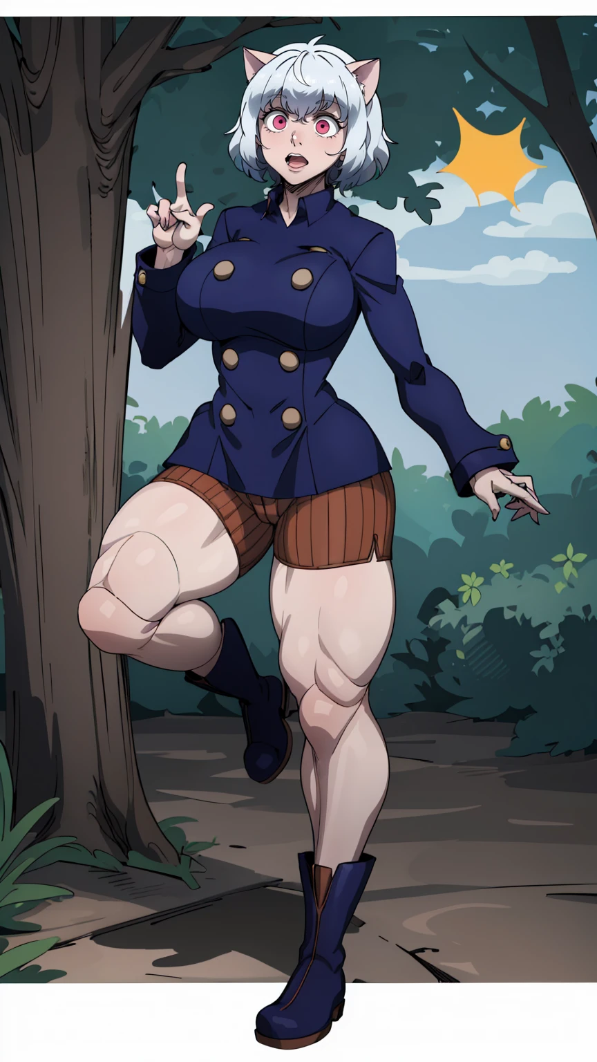 solo,open mouth,fangs,smile, Neferpitou,1girl,red eyes,cat ears, blue jacket,double-breasted, (nature:1.2),stading, full body, boots, huge breast, curvy, tall female,refsheet, cat tails,Neferpitou,1girl,red eyes,cat ears, blue jacket,double-breasted, (brown shorts:1.2),striped, brown socks,blue footwear, doll joints,(nature:1.2),solo,combat stance,lora:add_detail:1>,solo,open mouth,fangs,smile, fangs, sharpteeth