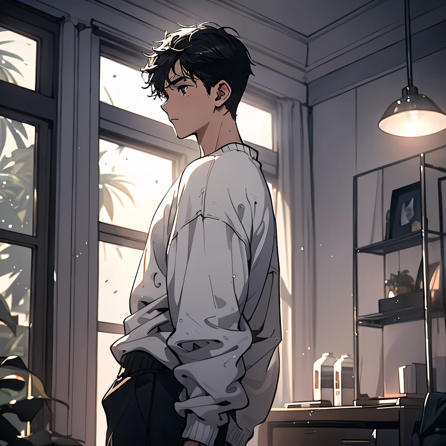 A black hair，18-year-old man in white sweater，Standing with my back to the living room of the house，Sad expression，Laugh and cry，Tears（Upper body display：1.5）（cinematic lighting：1.5）)(ultra-high detail:1.5)(best quality:1.5)
