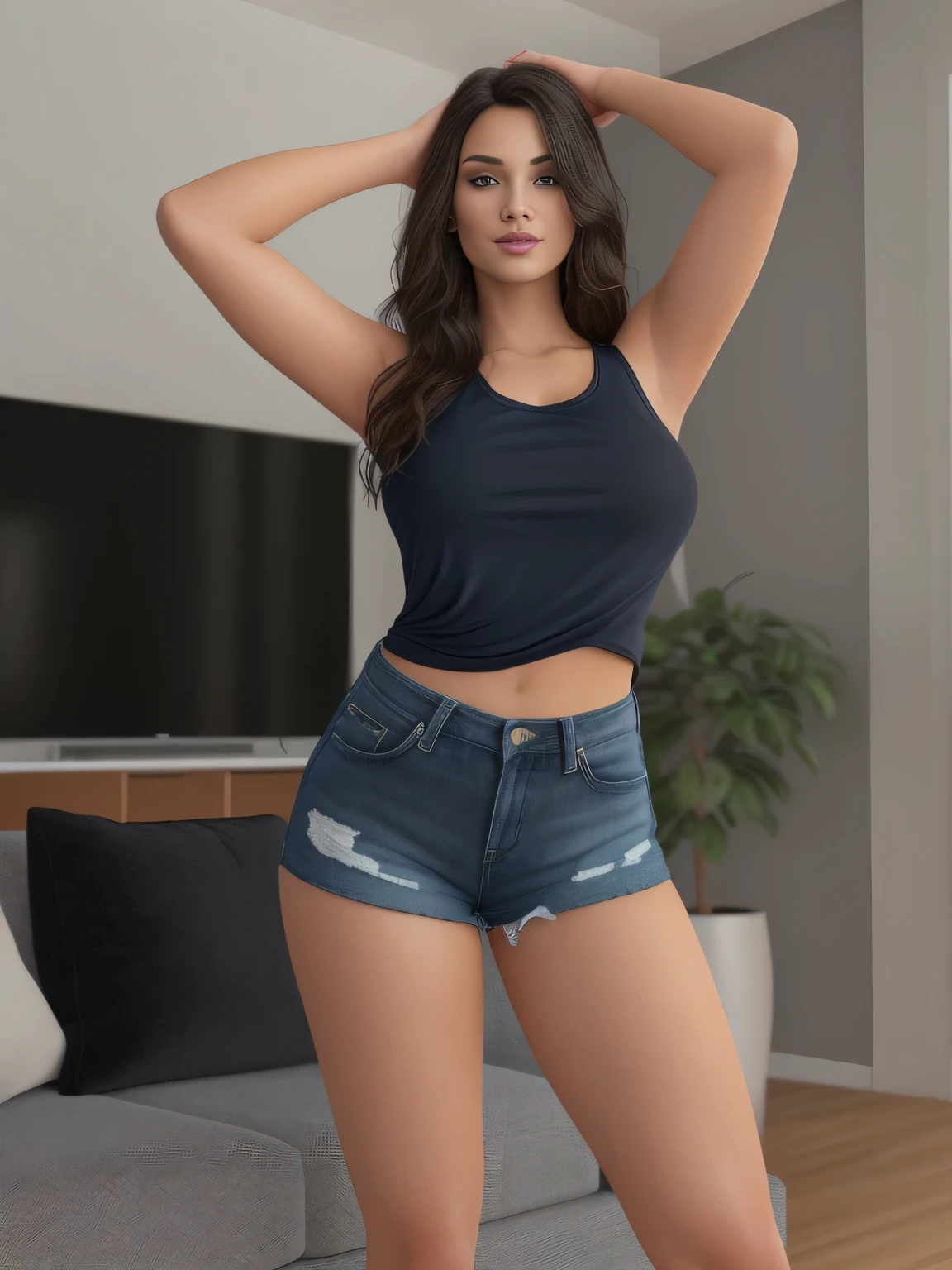A woman is in the living room, in front of a beige sofa, posing for the camera, with her hands on her hips. She is wearing a gray blouse and very short dark blue shorts. thighs exposed!!!,. Beautiful woman, extremely sexy, very sensual. (ultra quality masterpiece) with toned body, 35 years old, 1.62 tall, 60 kg, best quality, perfect face, perfect mouth, perfect hands, (((black hair))), is standing, ( full body) wearing a tank top, very short dark blue shorts (((very short dark blue shorts)))), dark brown hair, dark Pazul short shorts for gym training, well defined. Tanned body, sexy pose, shapely and well-defined legs, high contrast, Ultra HD, 16K. Photorealistic, detailed and realistic hands, 5 fingers per hand, dark hair, full body photo, clear and high quality photo. Masterpiece: 1.3, high resolution, (photographically realistic), 8k, NUDE, NUDITY, NFSW.