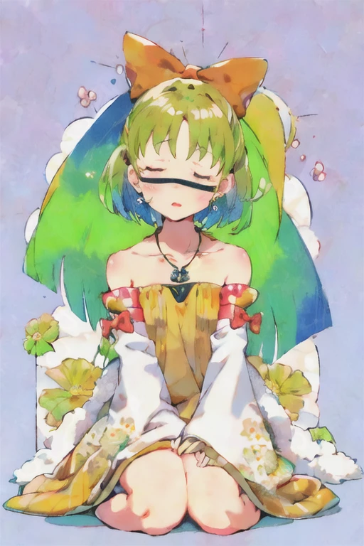 1girl, short hair, rainbow hair, flowers in hair, closed eyes, blindfold, hair bows, freckles, star earrings, long dress, floral pattern, detached sleeves, pear necklace, cloudy background, hands over chest, short fur coat, gold bracelet, barefoot, anklet, 