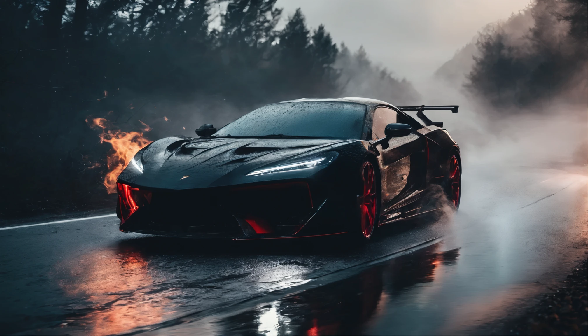 a close up of a fire sports car driving on a wet road, HQ 4K Phone Wallpaper, hq 4k обои, sportcar, awesome wallpaper, HD wallpaper, desktop background, 4K wallpaper, 4K wallpaper, sports car, cinematic front zip, Wide body, HD wallpaper for phone, High-quality desktop wallpapers, sports car, wallpaper for mobile phone, sports car, high quality wallpaper