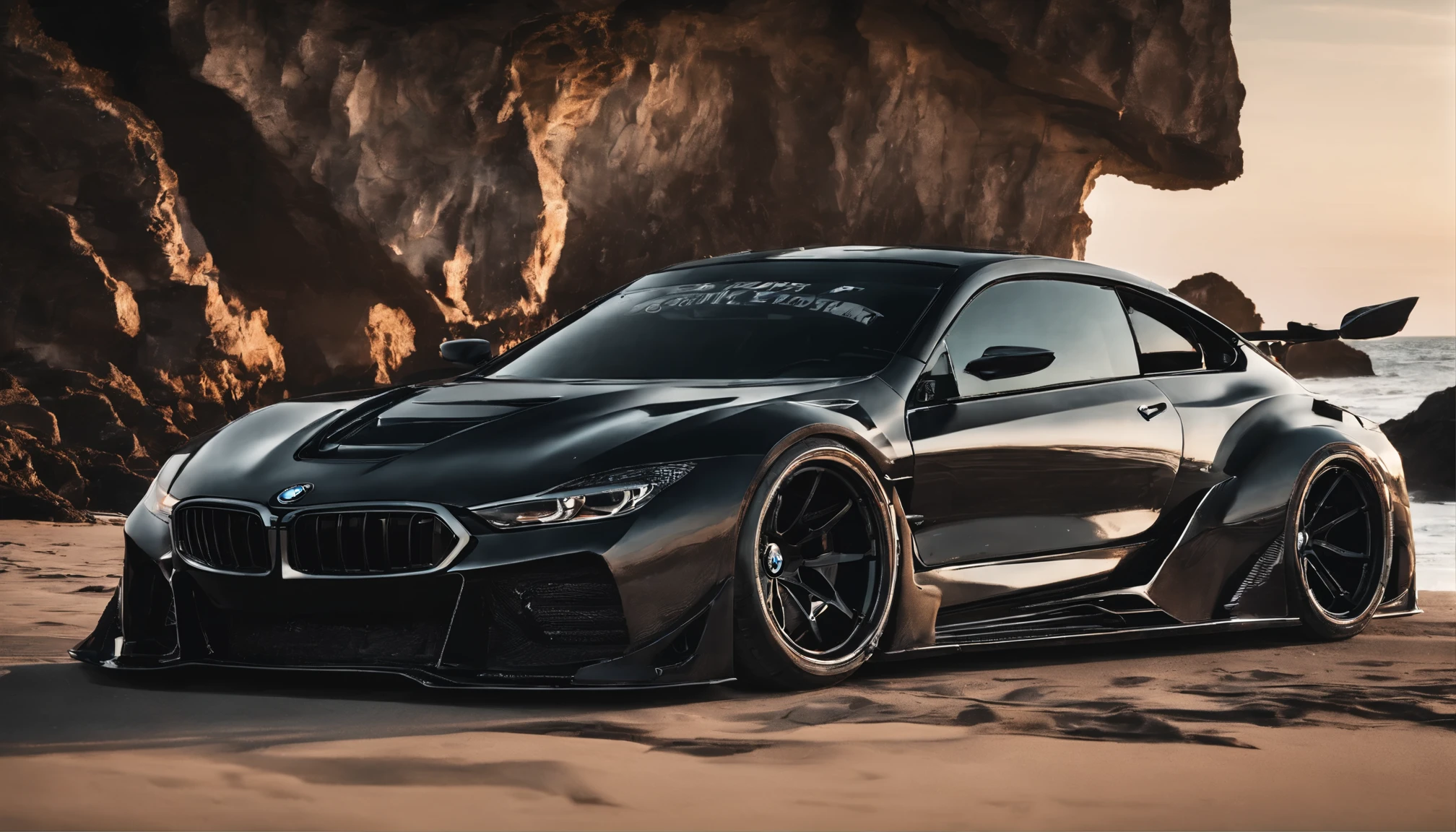 Bmw with liberty walk bodykit, riding on beach, in sunshine morning