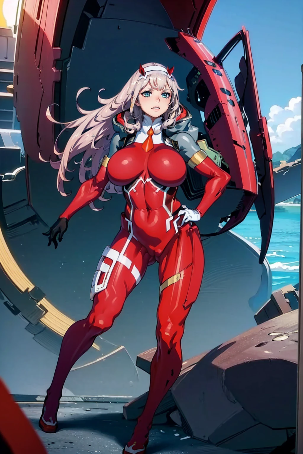 masterpiece, best quality, IncrsLowTier, electricity, glowing eyes zerotwo horns, hairband, necktie, red dress, pantyhose horns, hairband, red bodysuit, armlet, mecha horns, hairband, white bodysuit, white gloves, cap, red dress, white gloves, jacket on shoulders, pantyhose, cyber_armor body_suit,huge_breast, tall female, fulll body, sun light, smile,, sun aura,, boots, standing, smile, lips, red lips,{best quality}, {amazing quality} {best quality},{amazing quality},, {absurdres},{{highres}}, {very aesthetic}, {detailed}, curvy, tall, huge breast, character focus, white background,full-length portrait,