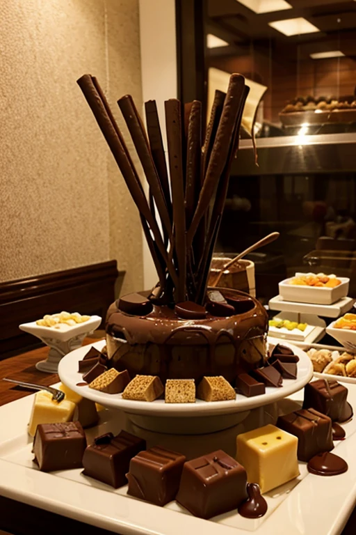 Mesa de um buffet com Fondue de Chocolate