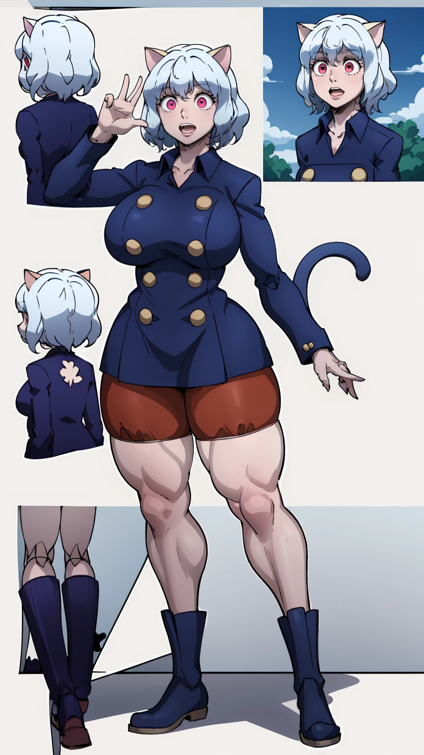solo,open mouth,fangs,smile, Neferpitou,1girl,red eyes,cat ears, blue jacket,double-breasted, (nature:1.2),stading, full body, boots, huge breast, curvy, tall female,refsheet, cat tails,Neferpitou,1girl,red eyes,cat ears, blue jacket,double-breasted, (brown shorts:1.2),striped, brown socks,blue footwear, doll joints,(nature:1.2),solo,combat stance,lora:add_detail:1>,solo,open mouth,fangs,smile, fangs, sharpteeth,,{best quality}, {amazing quality} {best quality},{amazing quality},, {absurdres},{{highres}}, {very aesthetic}, {detailed}, curvy, tall, huge breast, character focus, white background,full-length portrait,