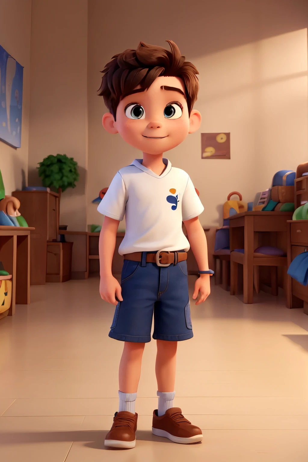 Image of a boy for a story in a YouTube video in Pixar format, He's the little alabester, He's the leader of the class, He is extroverted, Playful and stands up for many things