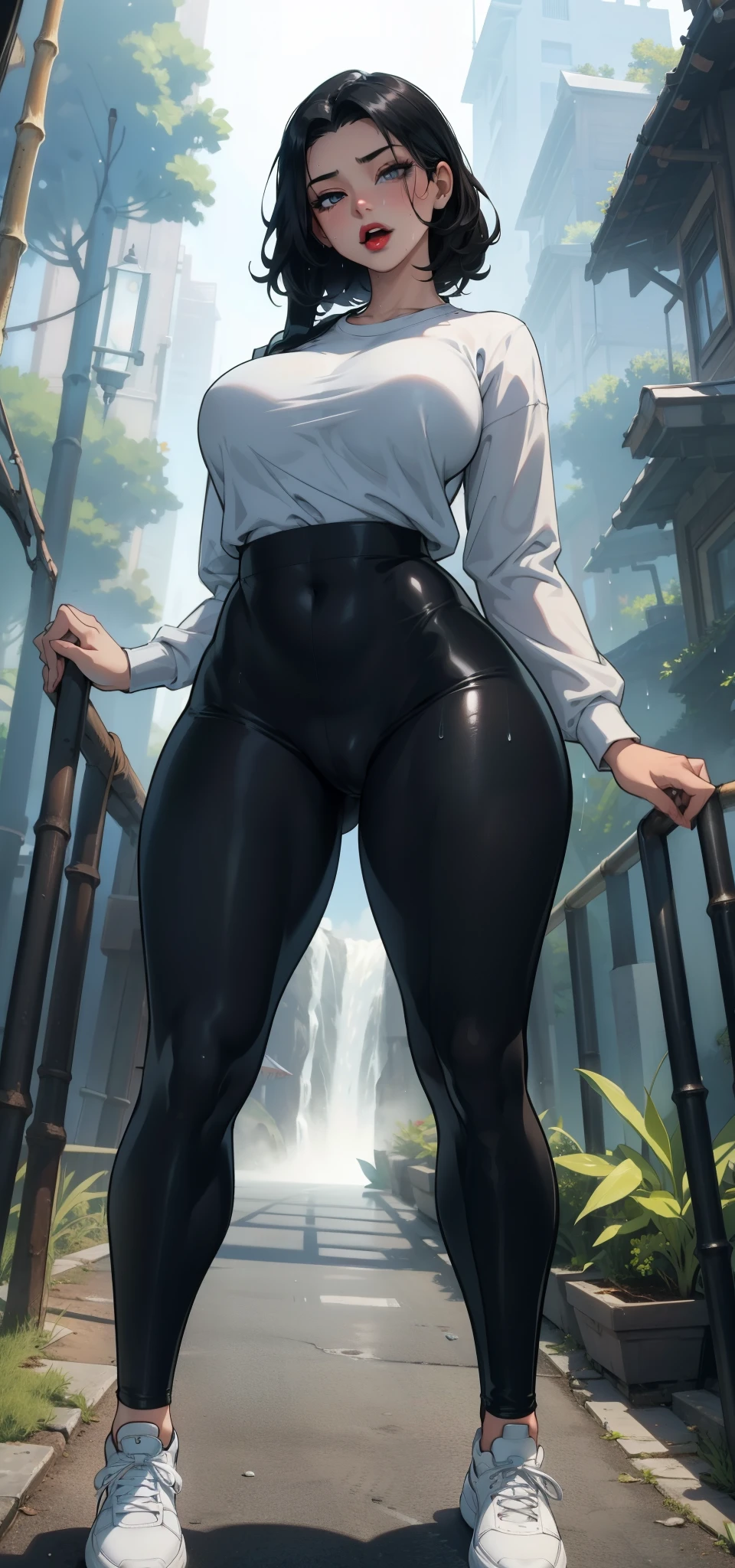 1 female,36 years old,MILF,Mature,Big breasts,Big breasts and thin waist,long legs,convex sexy,exposure, solo,(background with:bamboo forest,club) She has very short black hair,stand up,Sweating,Soaked all over,View from the front, straight hair, The sky is mostly cloudy,(((masterpiece),(Very detailed CG unified 8k wallpaper),best quality,light,detailed background,Beautiful and delicate eyes,bright pupils,(Very delicate and beautiful),(Beautiful and detailed eye descriptions),black eyes,red lips,Super detailed,masterpiece,)),face camera,(upper part of body),high resolution,Super detailed),violent house,Bare genitals, convex,legs are open,sexy pose,camel toe,complexion,open mouth,street frontage,primary student,(wear:White baseball shirt,black leggings,sports shoes),Full body image