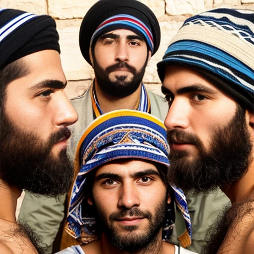 group of Judaean men gathered, focus on the face.