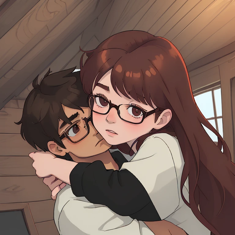 Girl with reddish brown hair without glasses with a black haired boy with glasses, hugged in a cabin