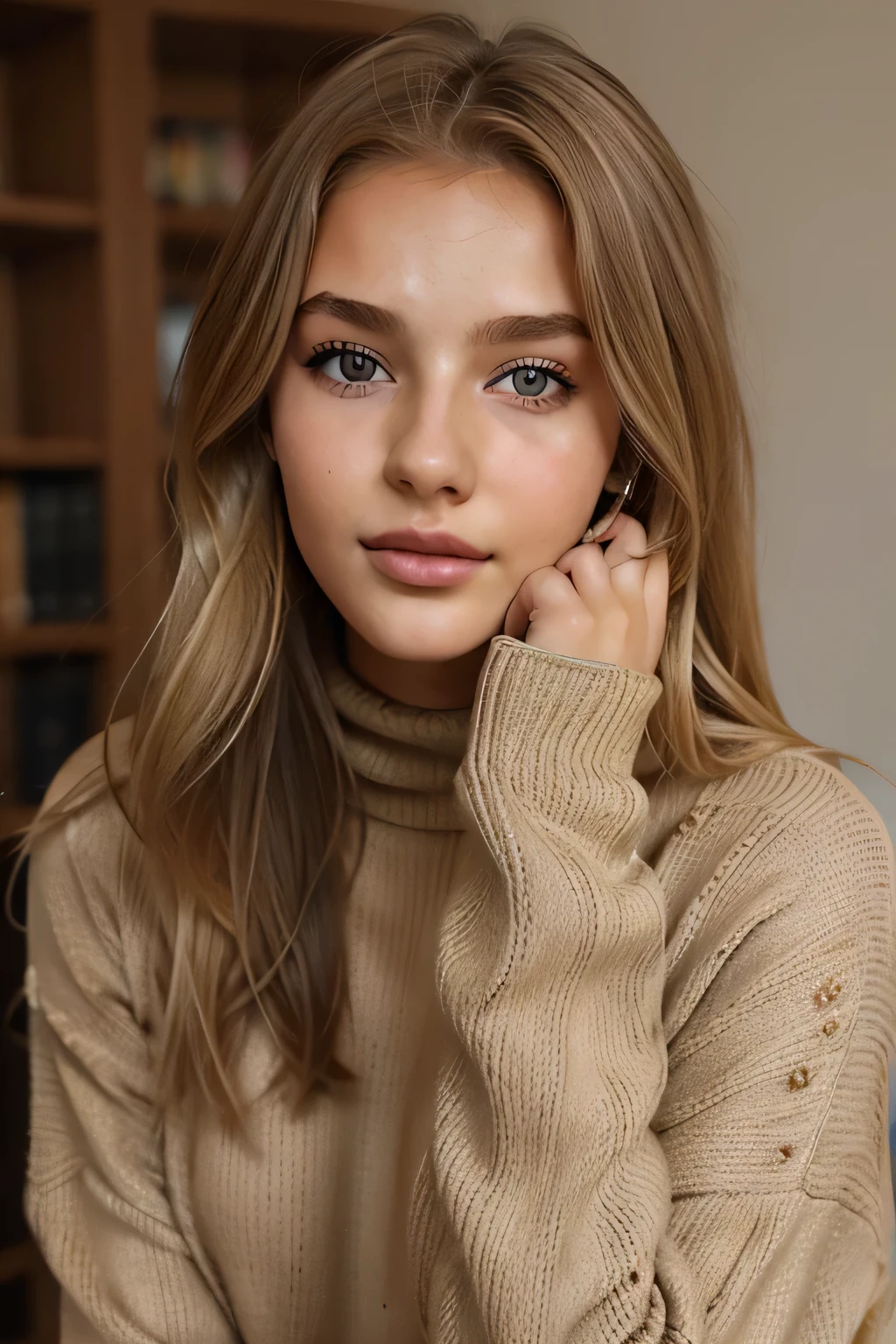 1Girl 18 years old, nur, Lange Haare, midsize , Blick auf den Betrachter, blondes Haar, nackte Schultern, braune Augen, Schmuck, full entire body, Halskette, schulterfrei, pullover, lips, realistisch, Nase, Flirten mit der Kamera