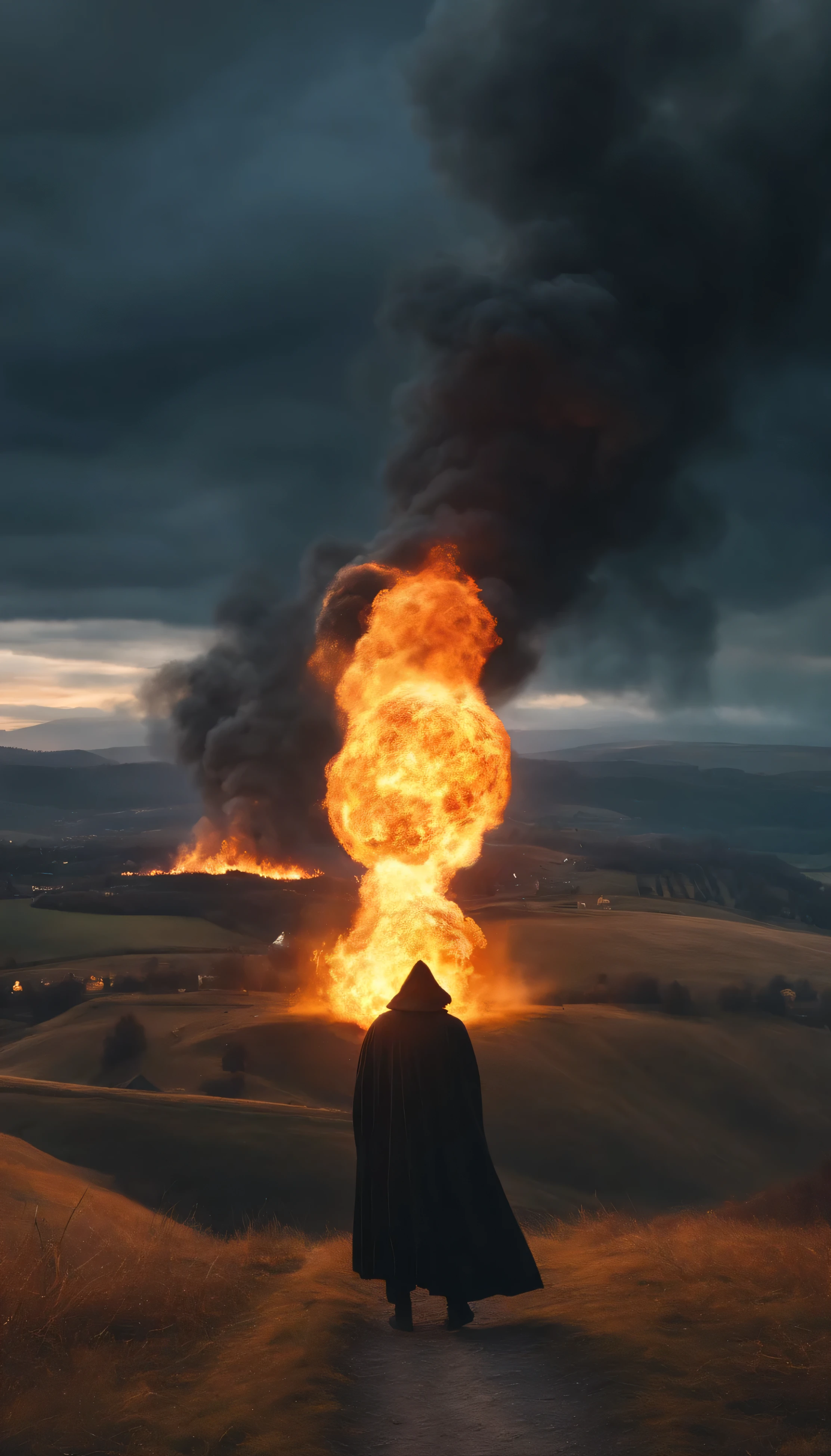 8k, close distance portrait, a male wizard with black clothes and grey short hair from behind, throwing a super massive huge fireball to a village in the distance from hill, with a burning village background the distance