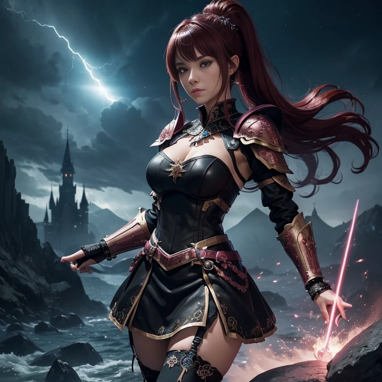 (master piece:1.5), (best quality:1.5), 8k,wallpaper, Full Body Female dark red hair in a short ponytail dark fantasy paladin girl wearing an intricate elaborate futuristic black mini short armor with mini dress with elaborated light pink ornaments, black short mini skirt with elaborated pink ornaments, thick legs, black stockings, wearing a large staff, conjuring a magic circle, stars, night castle background with a big floating rock behind in the distance, ethereal lightning, sharp focus